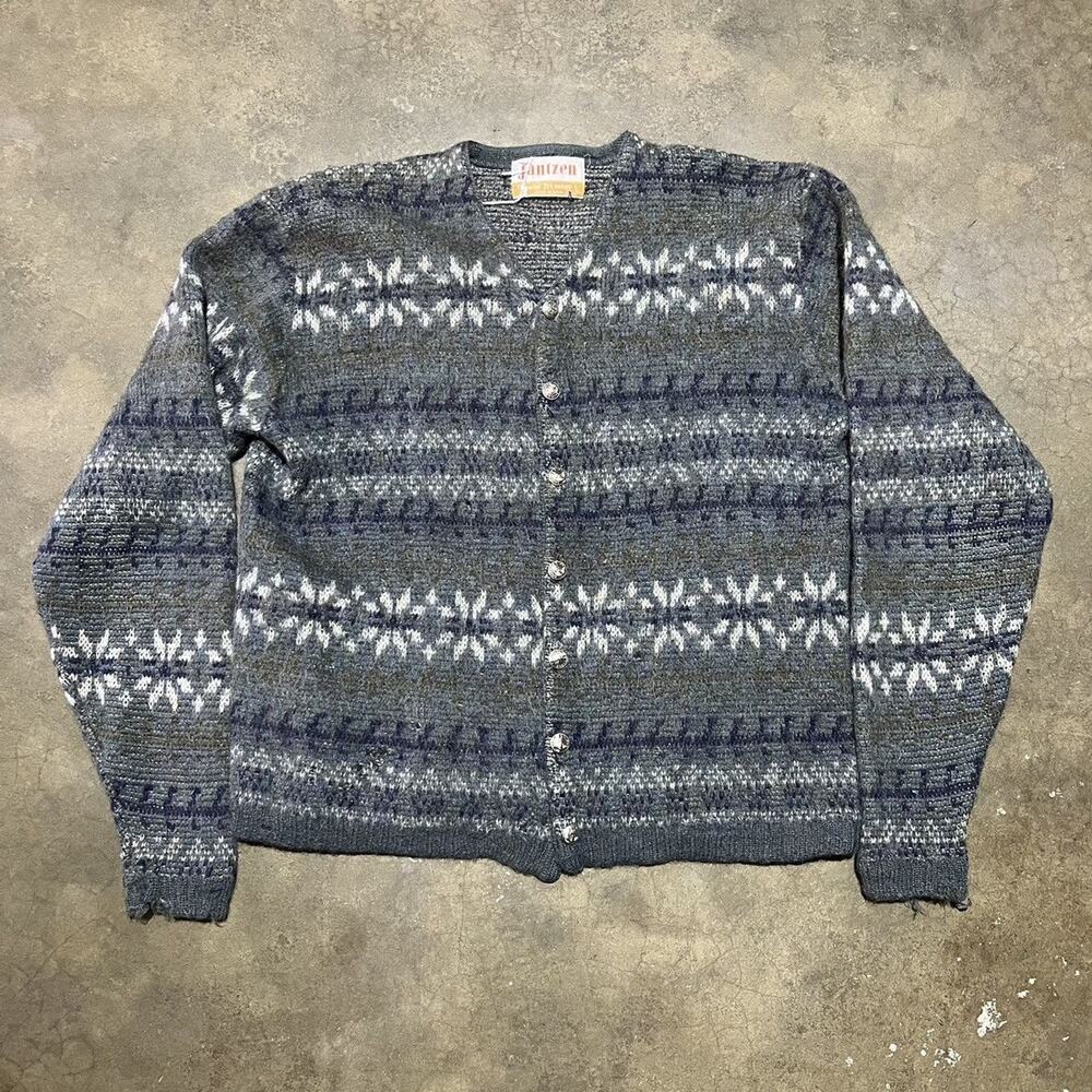 Vintage 60s Jantzen Blue Fair Isle Nordic Mohair Cardigan